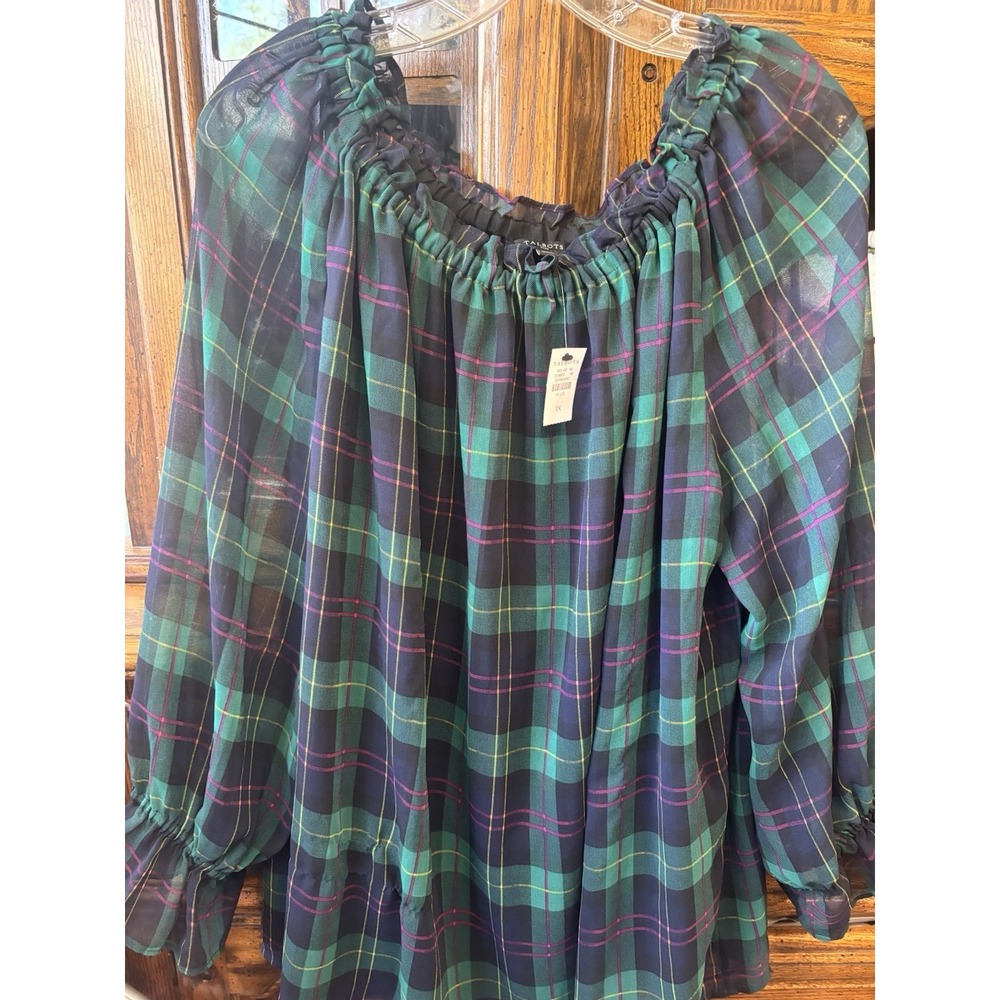 NWT Talbots‎ Women's Plus Green Navy Tartan Plaid Off Shoulder Top 1X  Old Money